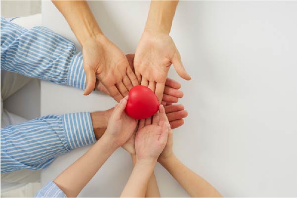 Hands together holding a plastic heart to show kindness