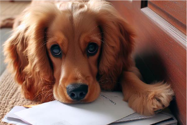 Cocker Spaniel puppy chewing mail